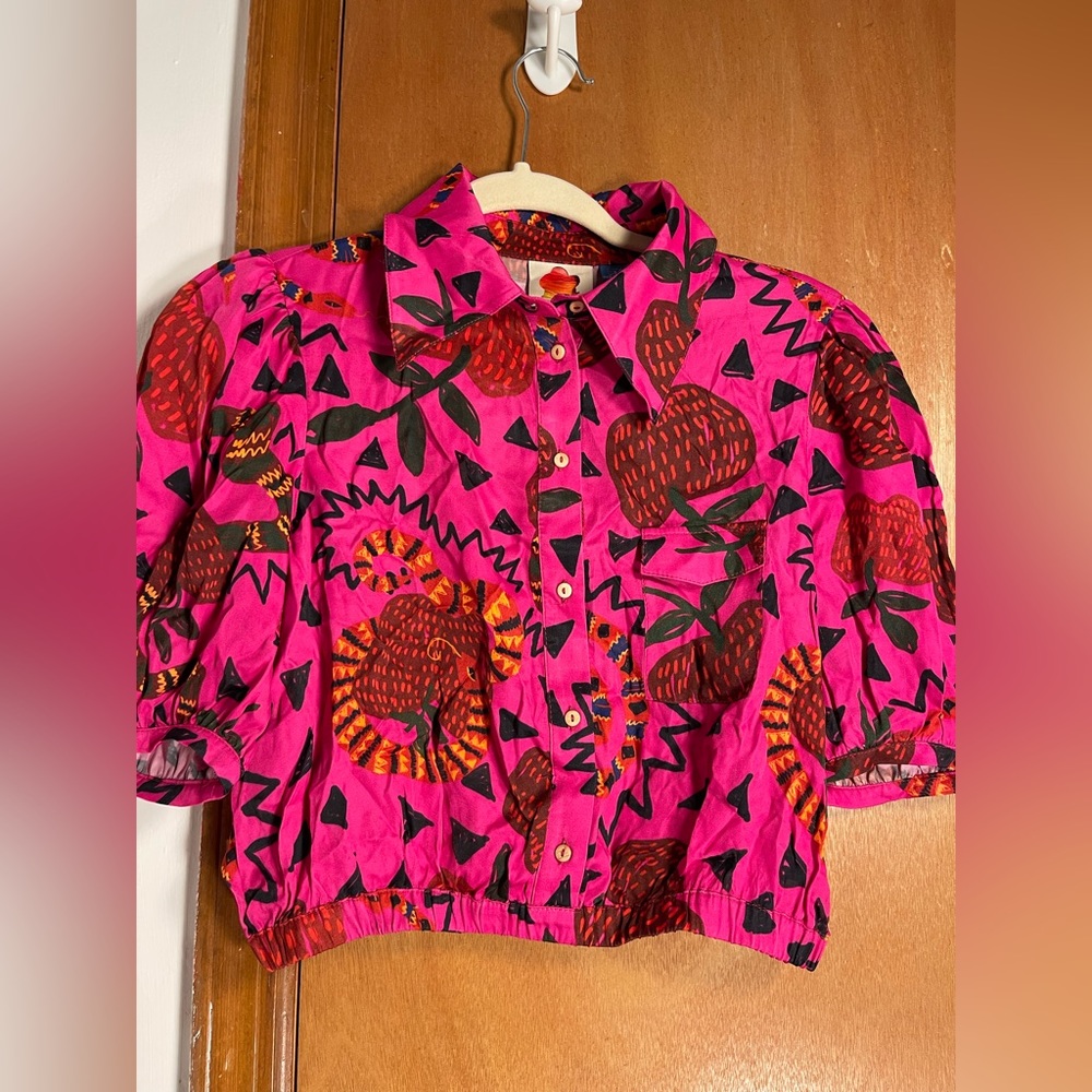 RARE🦄 FARM Rio x ANTHROPOLOGIE Pink💕Snakefruit🐍🍎Crop Top, S - Picture 11 of 16